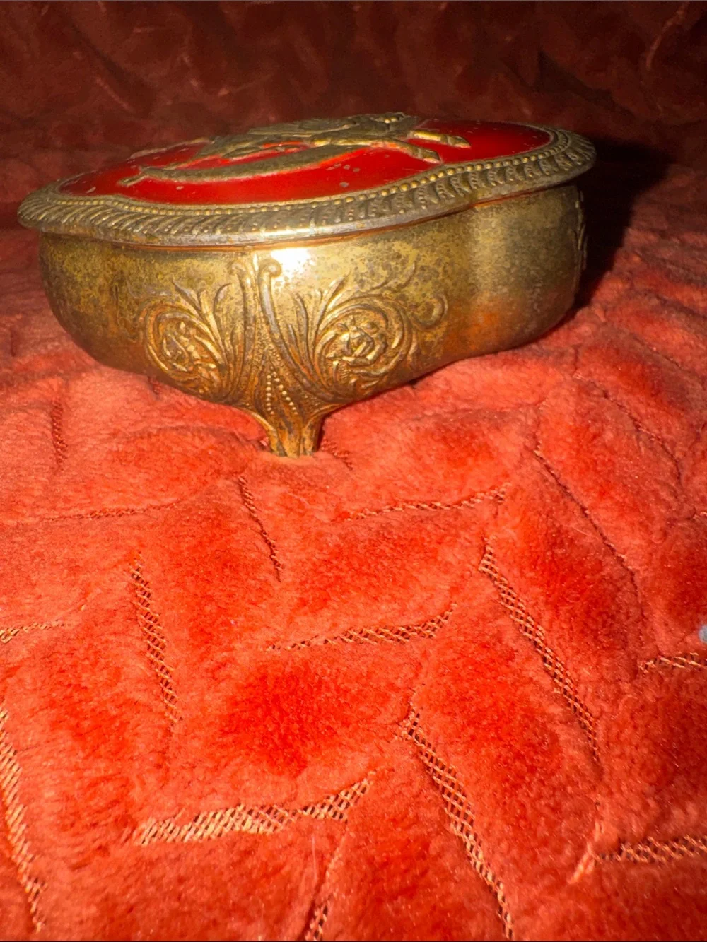Vintage Ornate Brass & Enamel Pegasus Trinket Box Red Velvet Lined Footed Casket